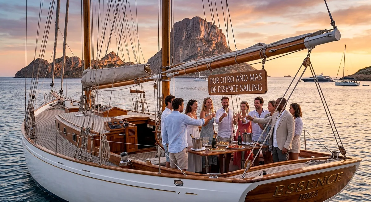 Un equipo brindando a bordo de un velero clásico al atardecer, con Es Vedrà al fondo