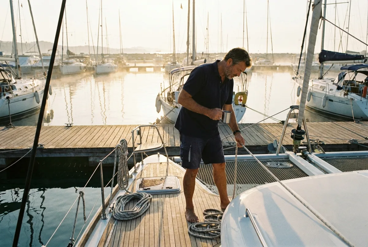 Capitán preparando el barco a primera hora en el puerto